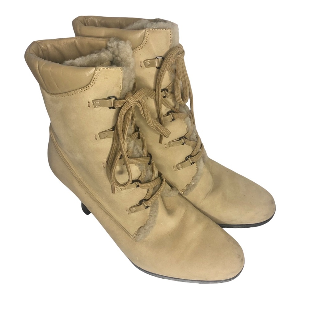 Cole Haan Heeled Boots‎ Cream Leather Brazilian Made Fur Lined Laceup Combat 9